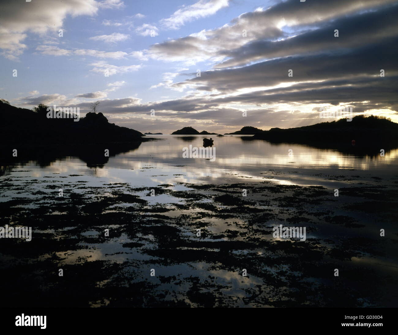 Scotland,Invernesshire. Sundown on Loch Nan Uamh near Arisaig. Close to the point in 1746 where Bonny Prince Charlie borded a sh Stock Photo