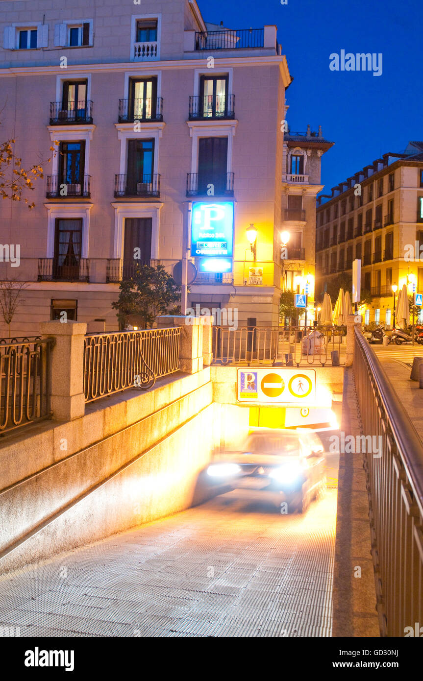Underground car park, night view. Requena street, Madrid, Spain. Stock Photo