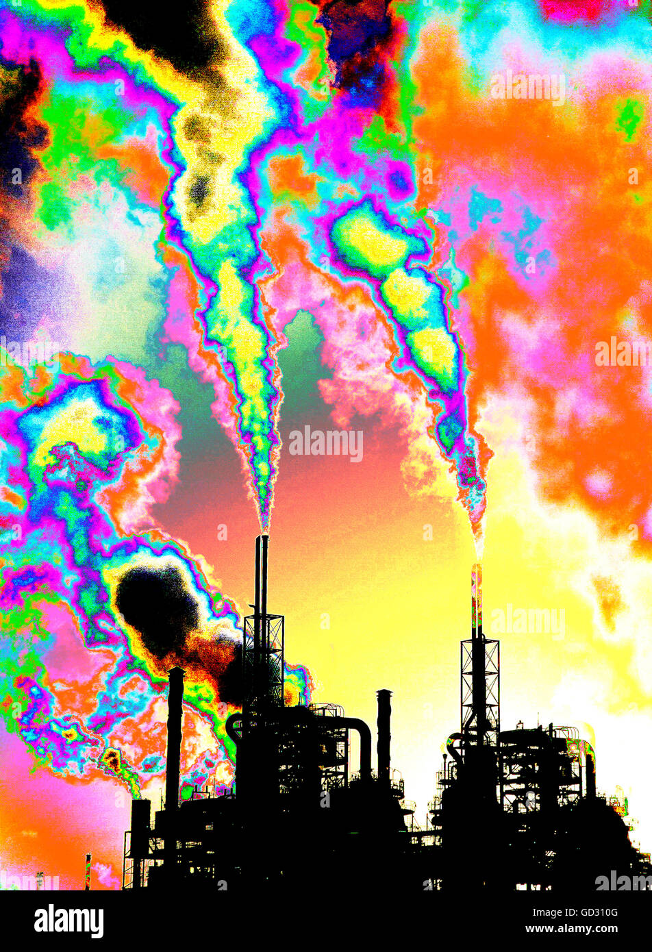 Pollutants and carbon emmissions being released into the atmosphere from a Petrochemical works At Seal Sands on Teeside, UK. Stock Photo