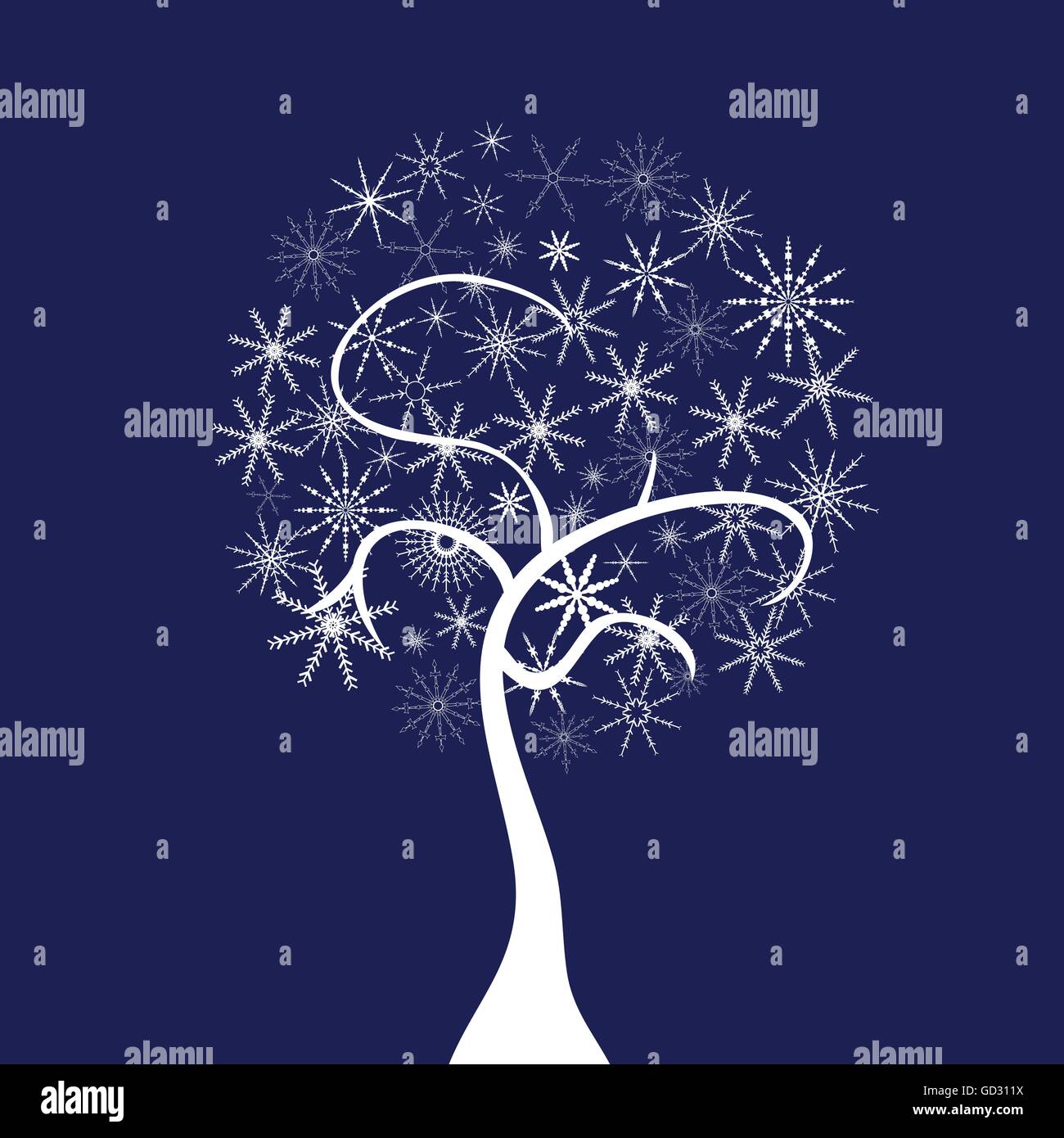 white tree illustration with snowflake on blue background Stock Vector ...