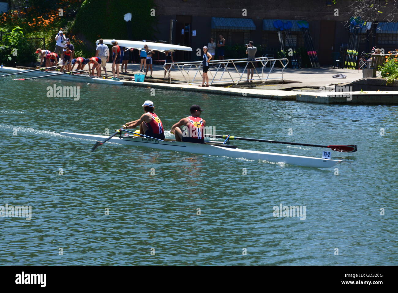 A St Louis crew races down the Lincoln Park Lagoon at the 36th annual running of the Chicago Sprints Regatta, July 9-10, 2016 Stock Photo