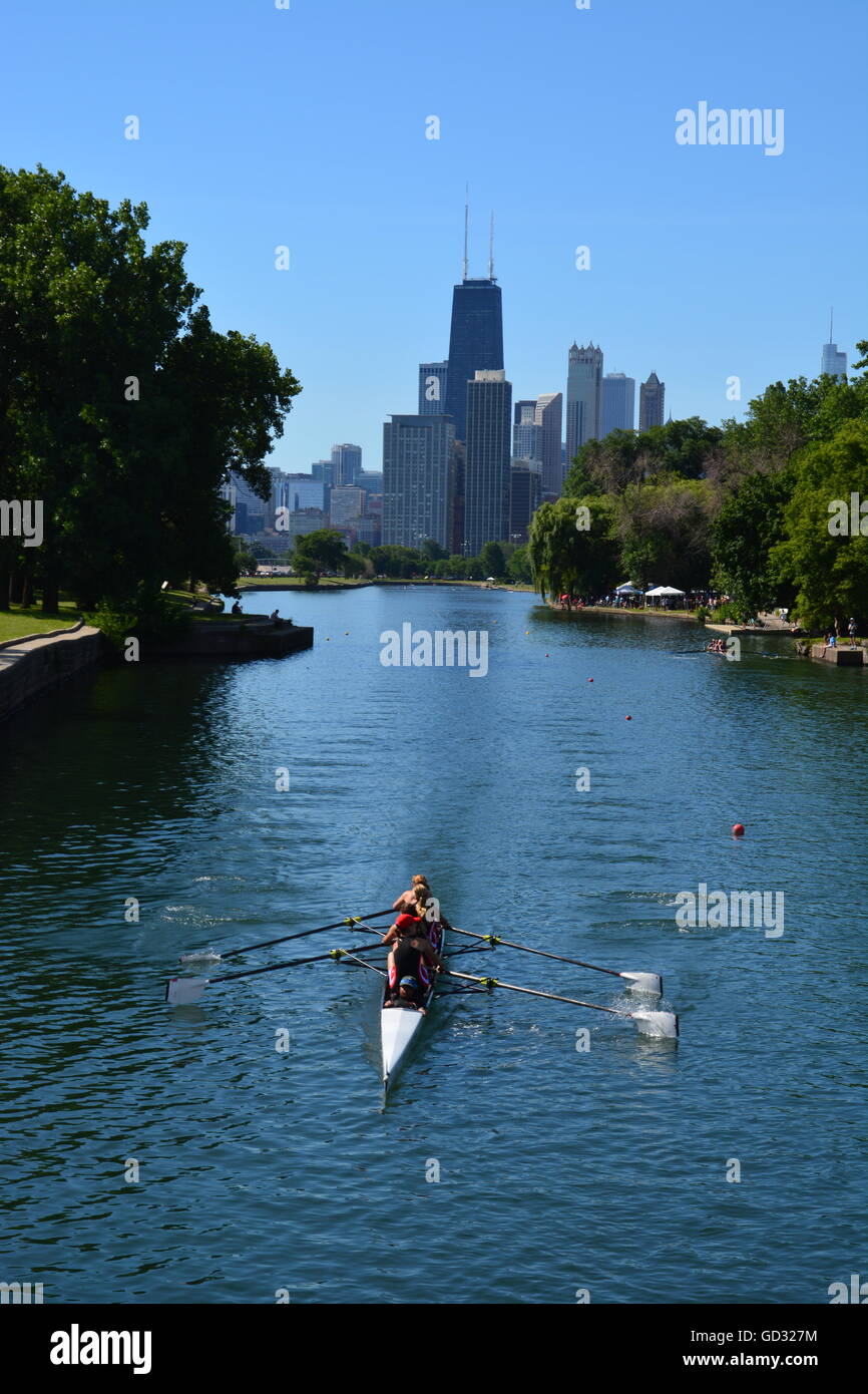 Boats race down the Lincoln Park Lagoon Henley style at the 36th annual running of the Chicago Sprints Regatta, July 9-10, 2016 Stock Photo