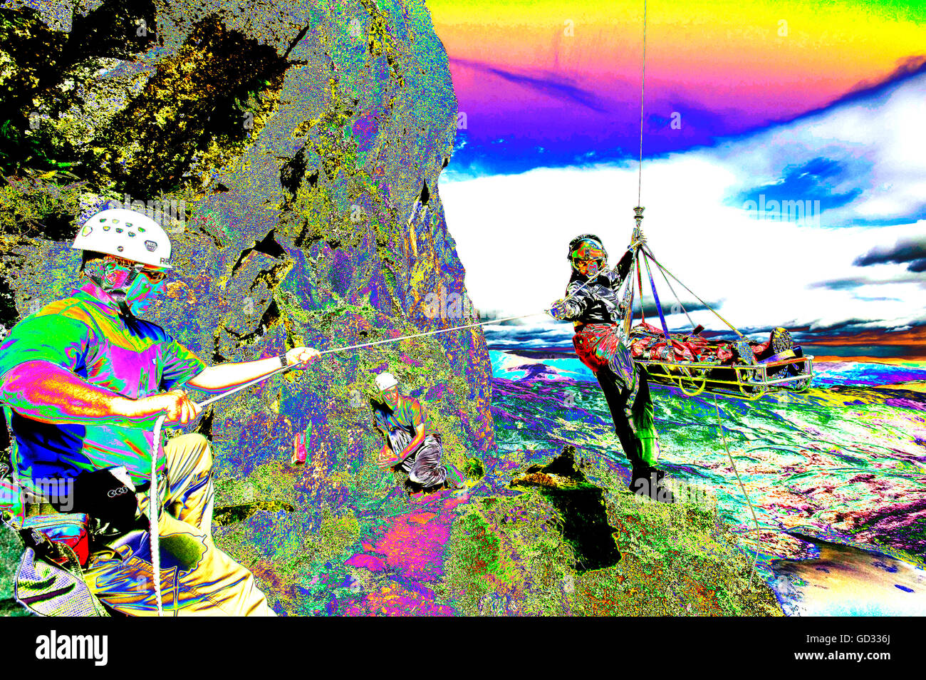 an injured climber with a dislocated shoulder is whinched off Jacks