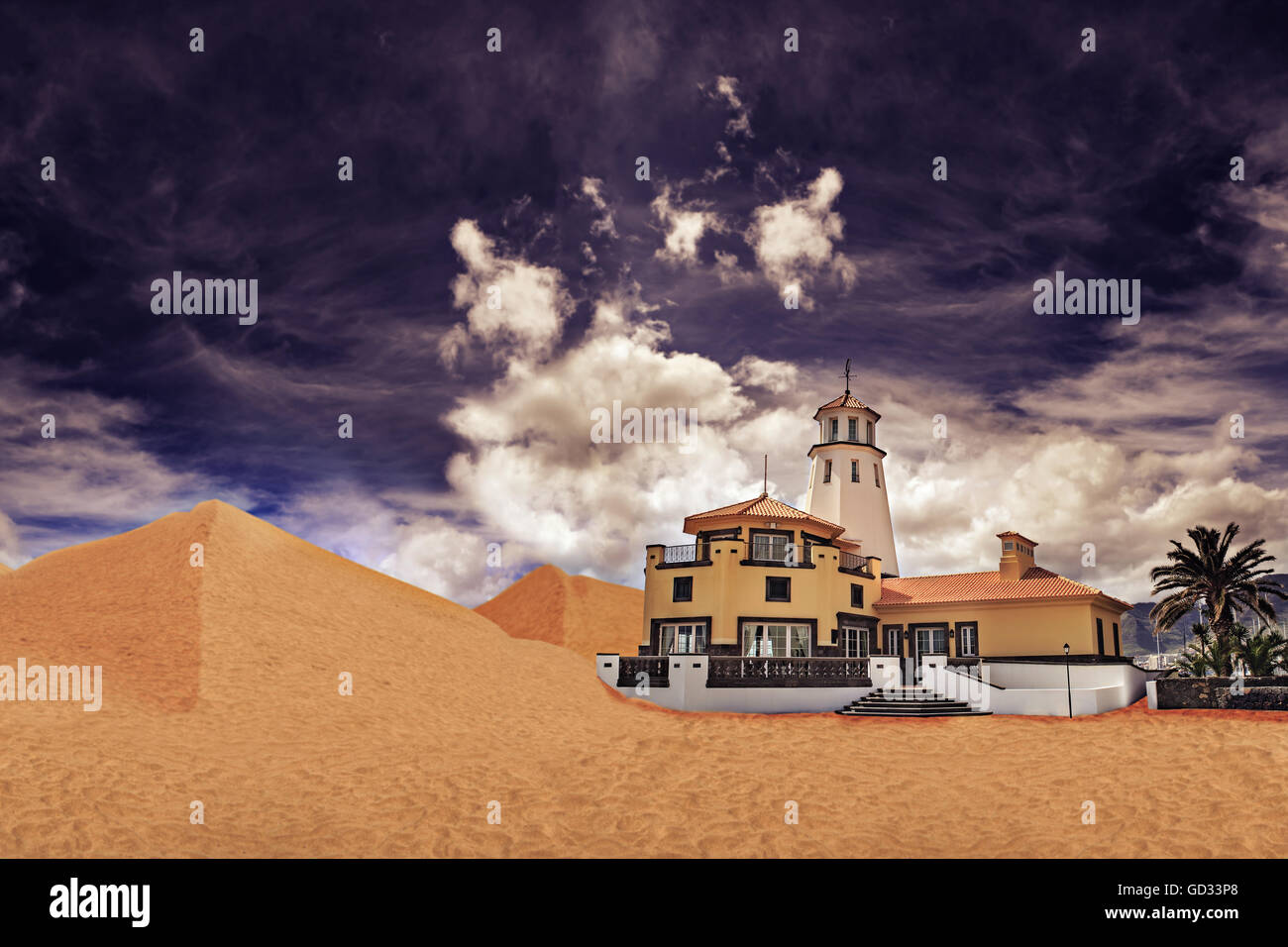 A fantasy picture with a lighthouse in the desert, book cover style