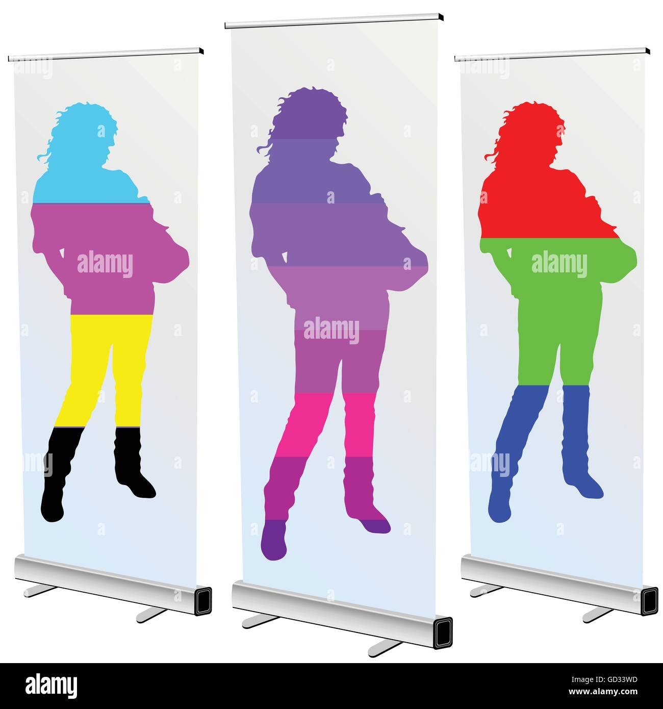 girl on roll up in cmyk and rgb color on white background Stock Vector