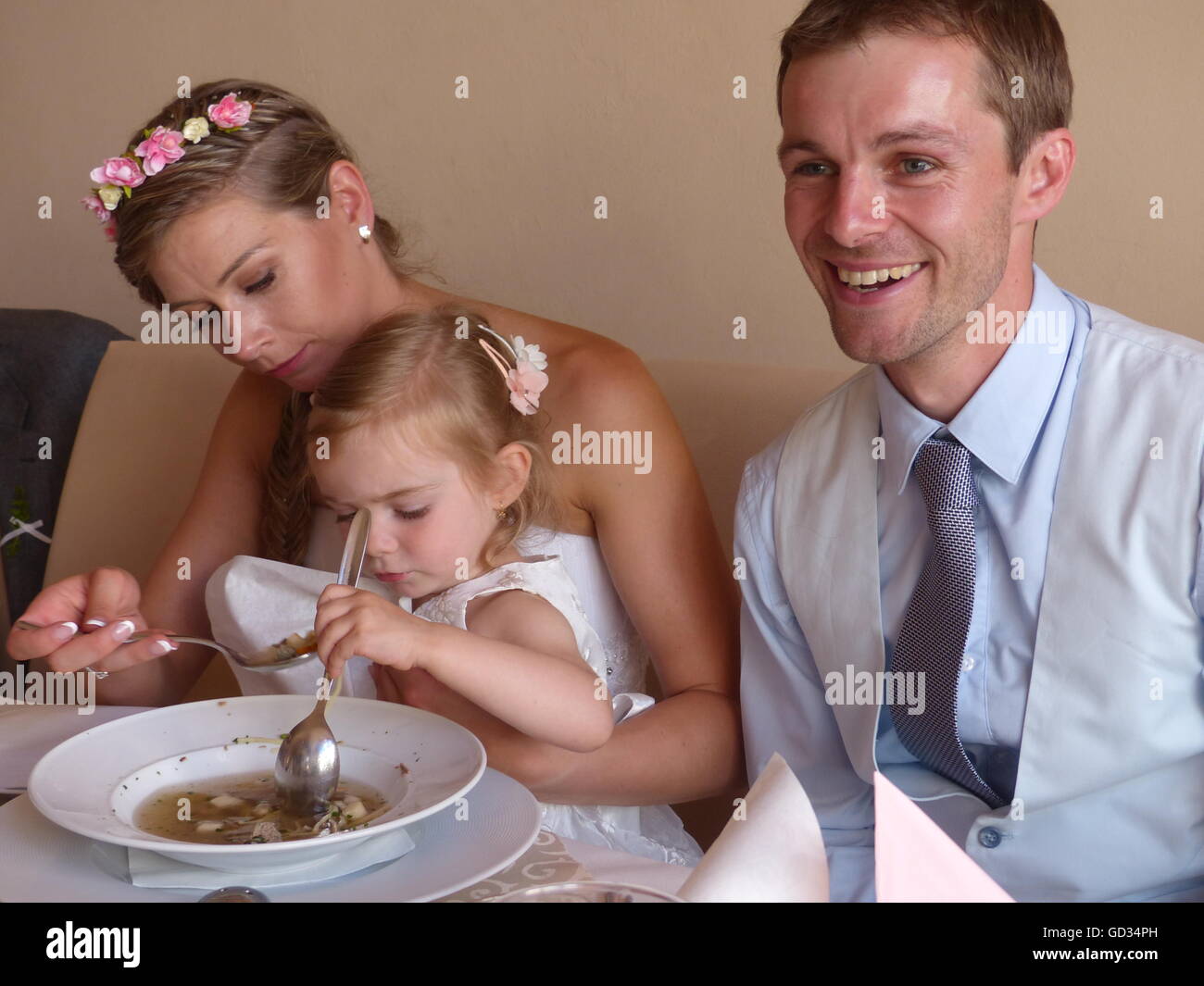 wedding reception, bride, groom, daughter, happy, happiness Stock Photo