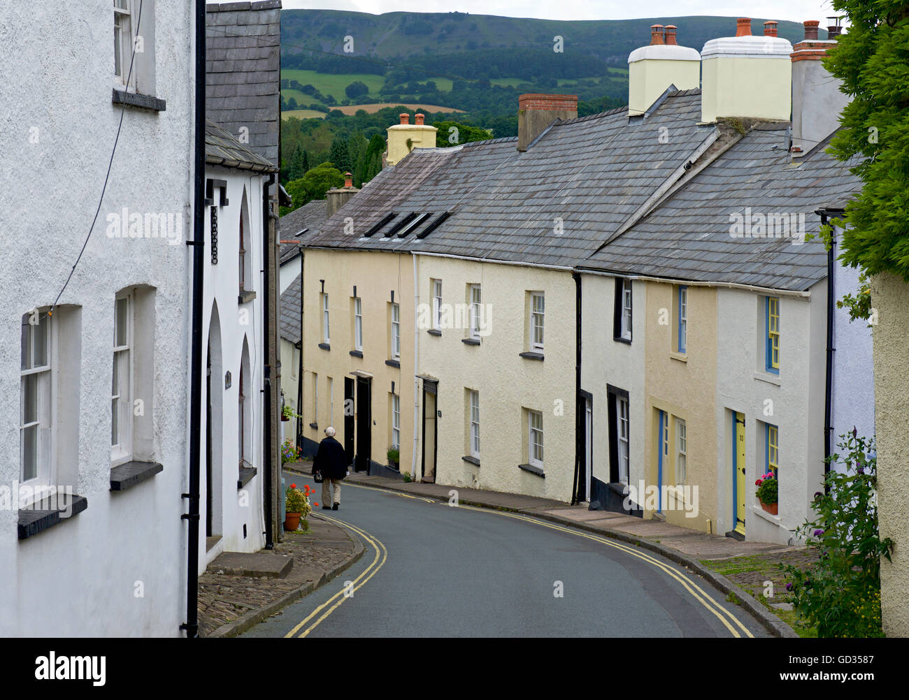 Street of terraced houses in the village of Crickhowell, Powys, Wales