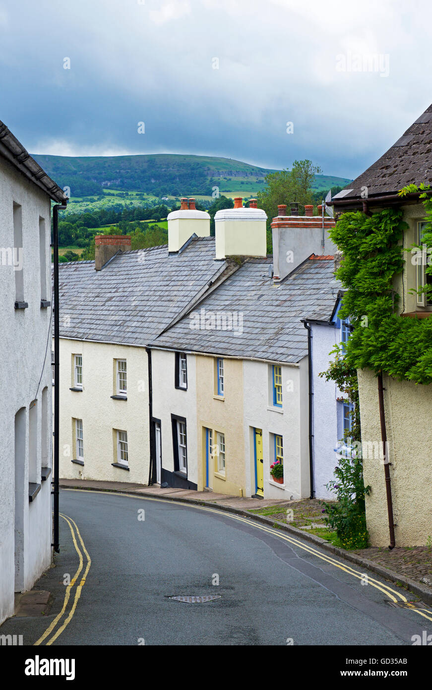 Street of terraced houses in the village of Crickhowell, Powys, Wales