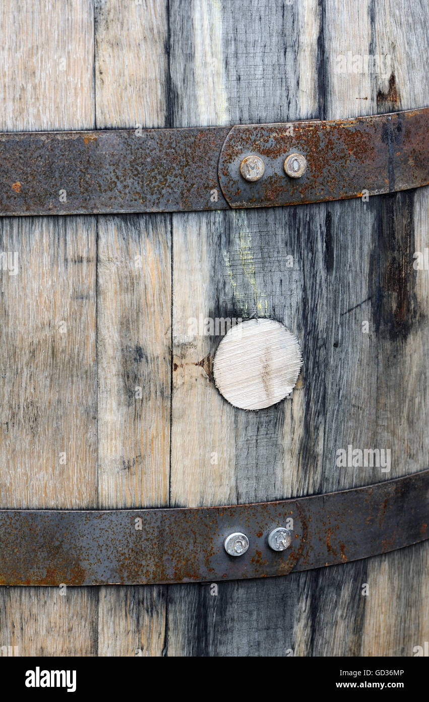 Wooden bung in an oak whisky barrel. Islay, Inner Hebrides, Argyll, Scotland, UK. Stock Photo