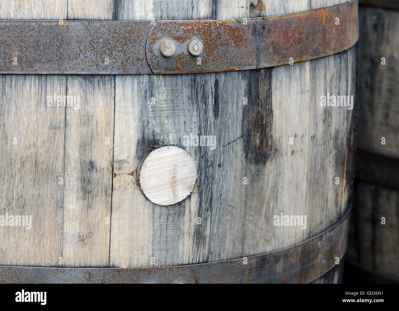 Wooden bung in an oak whisky barrel. Islay, Inner Hebrides, Argyll, Scotland, UK. Stock Photo