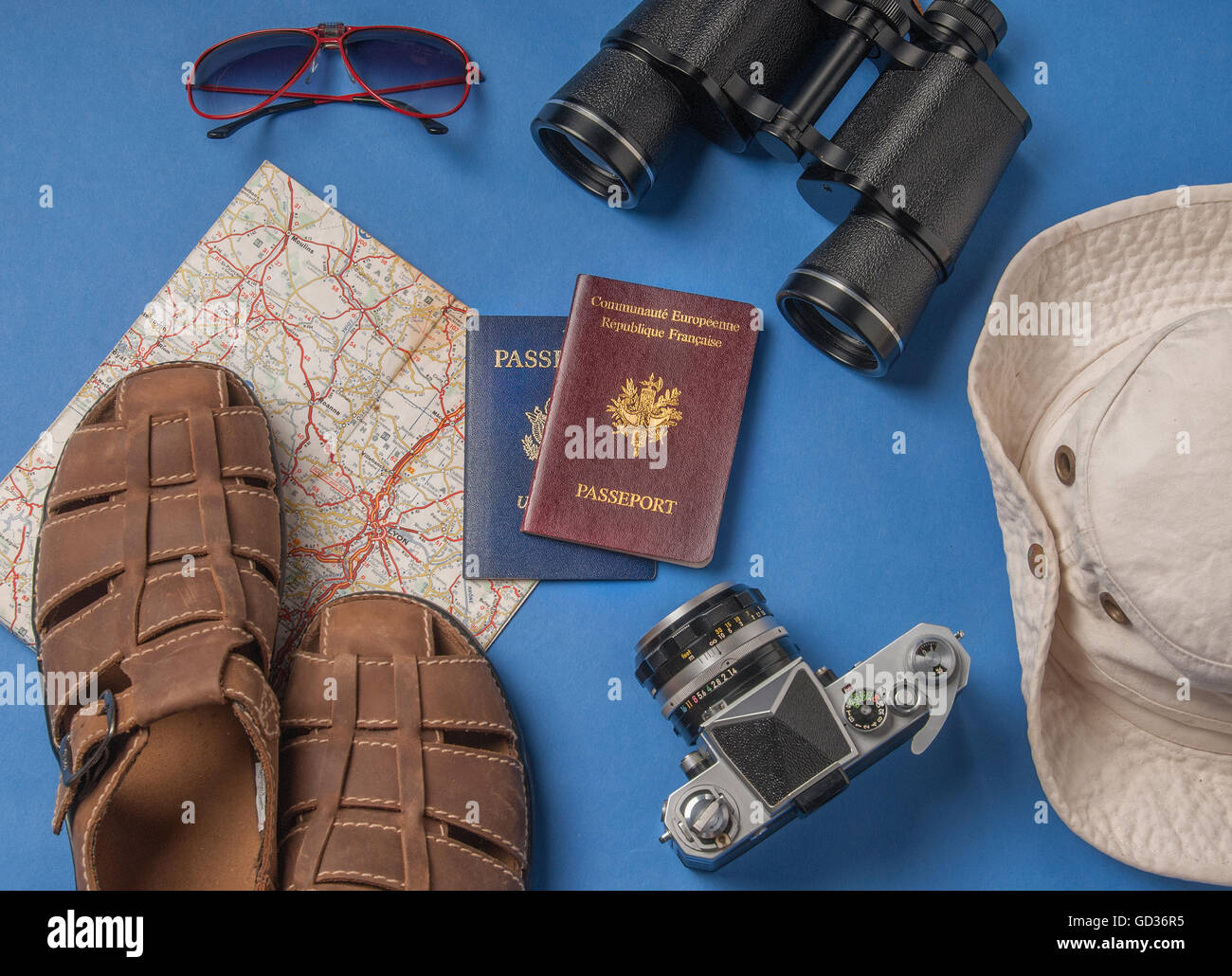 Travel vacation objects on a blue background Stock Photo