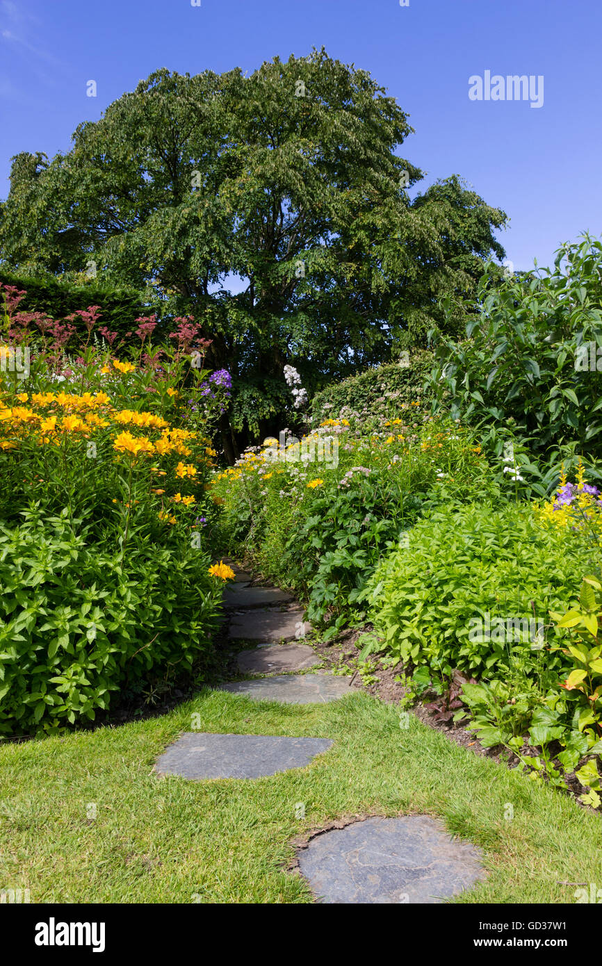Stepping stones lead through a lawn and herbaceous border at the Garden House, Devon, UK. Stock Photo