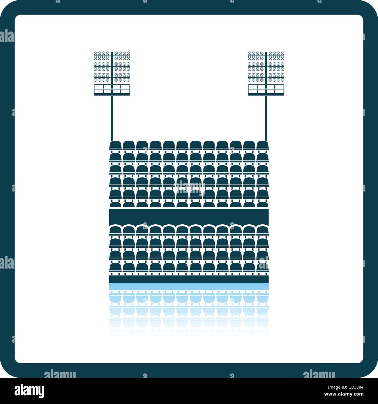 Stadium tribune with seats and light mast icon. Shadow reflection design. Vector illustration. Stock Vector