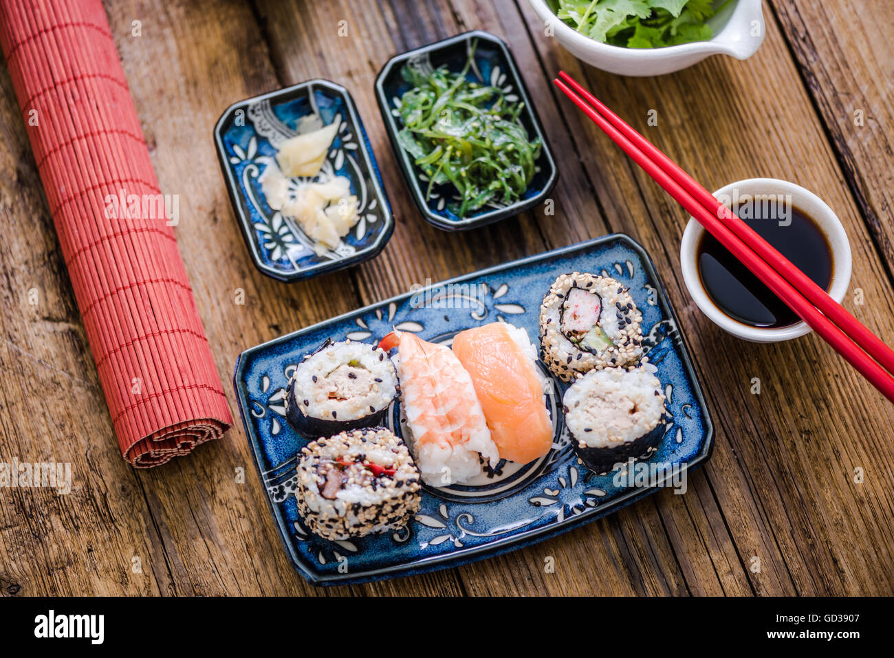 Authentic Japanese Food Sushi Served On Traditional Plates Stock Photo Alamy