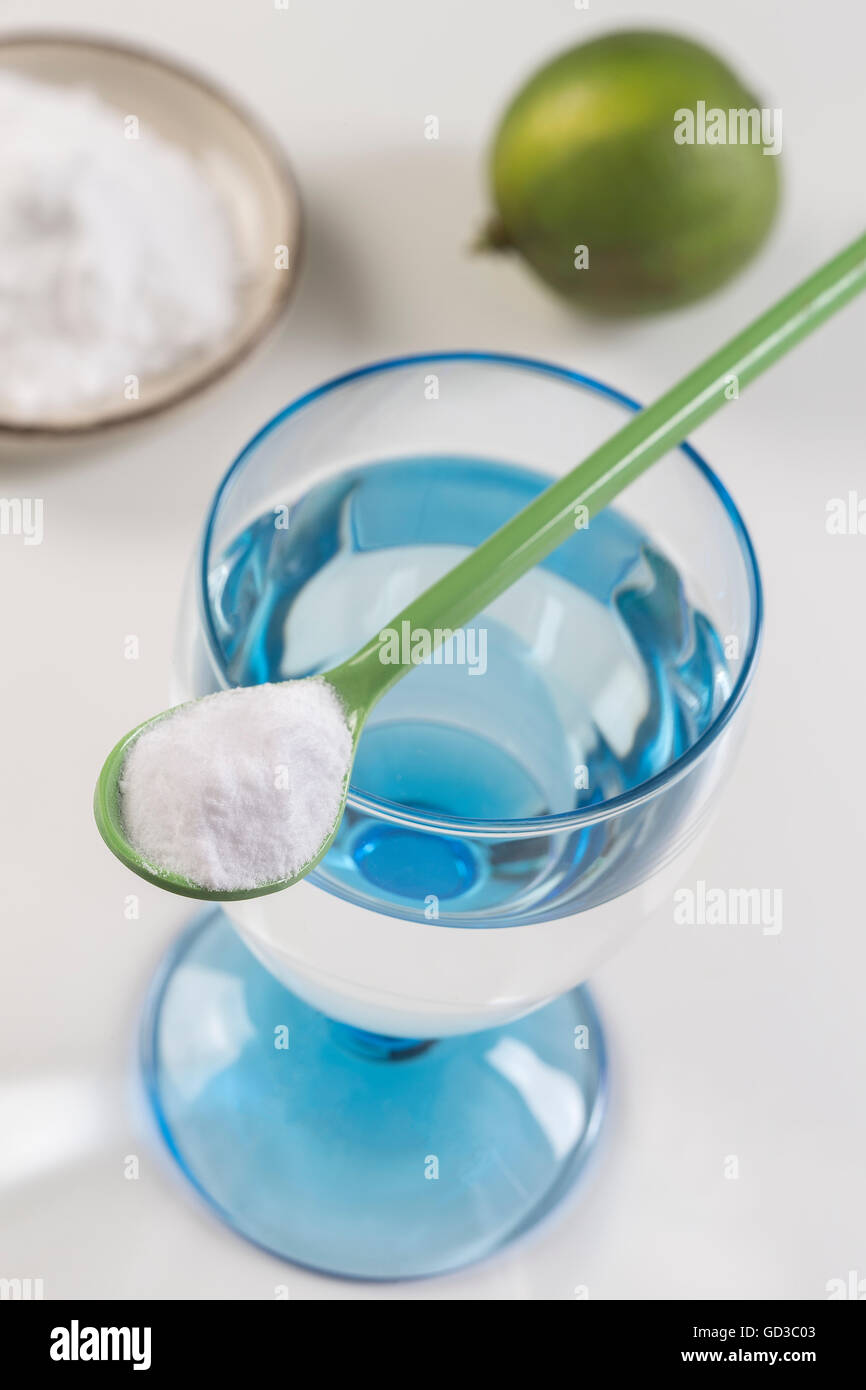 glass of water, lemon, soda bicarbonate natureal solution Stock Photo