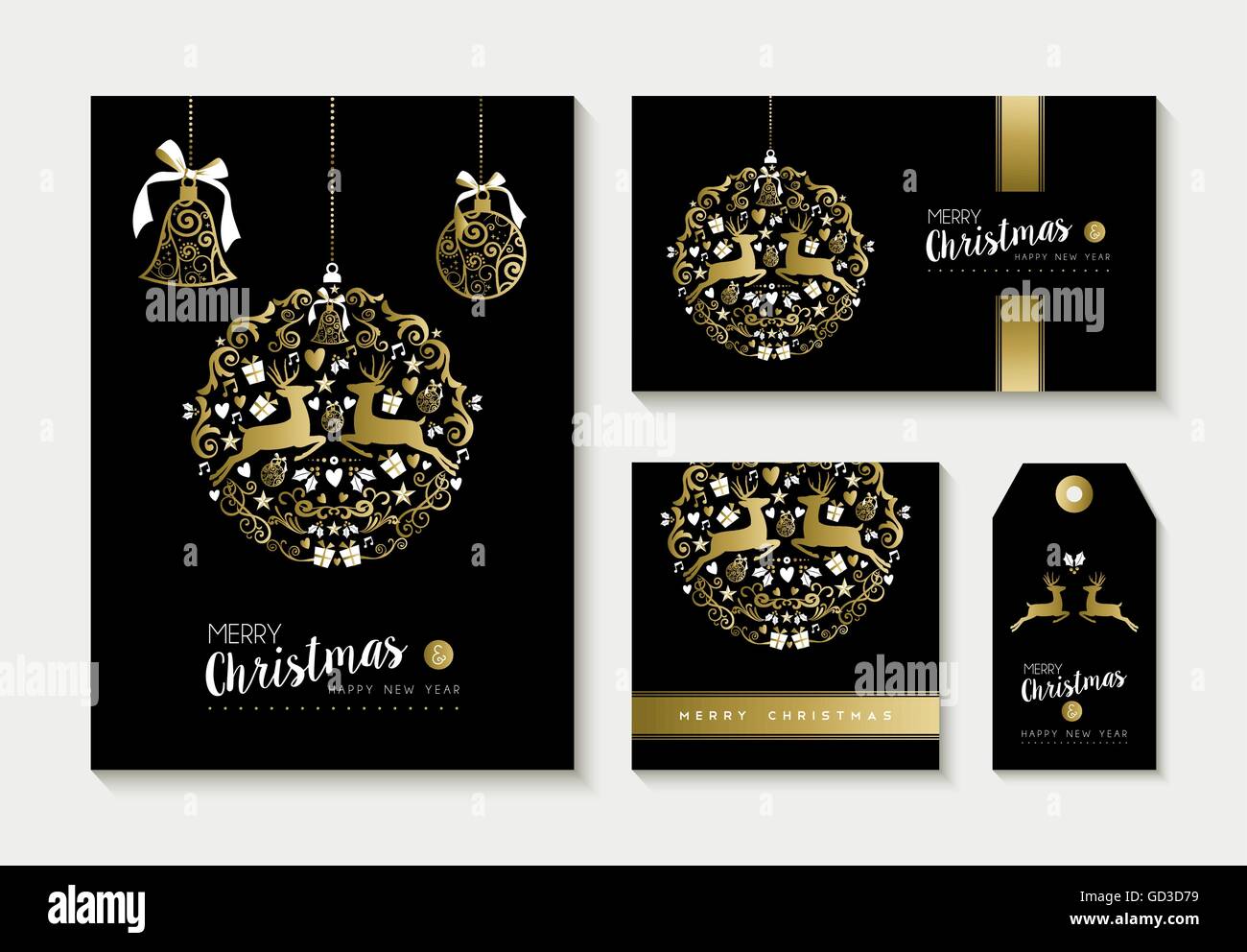 Set of merry christmas happy new year gold templates with deer and ...