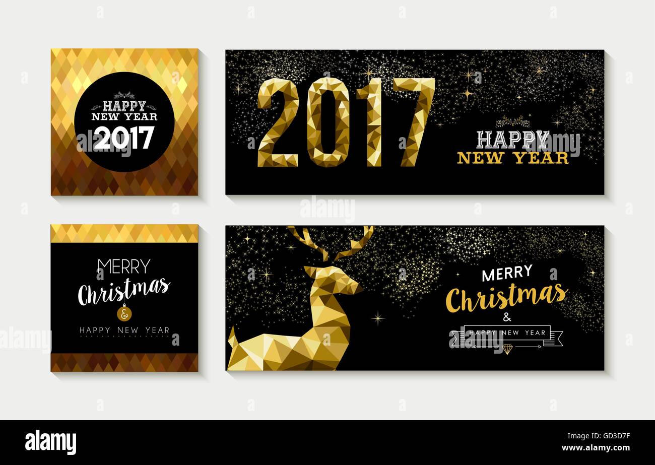 Set of merry christmas happy new year 2017 gold designs with deer elements. Ideal for xmas greeting card. Stock Vector