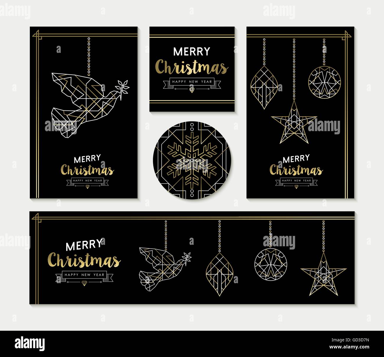 Set of merry Christmas Happy New Year greeting card template design. Xmas ornaments in line art deco style. Stock Vector