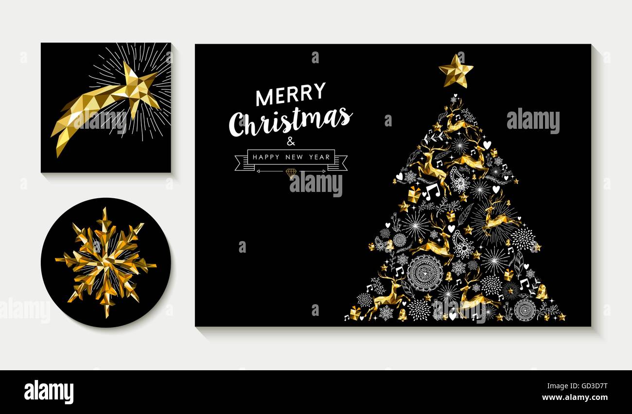 Set of merry Christmas greeting card layout designs with gold low poly reindeer stars and