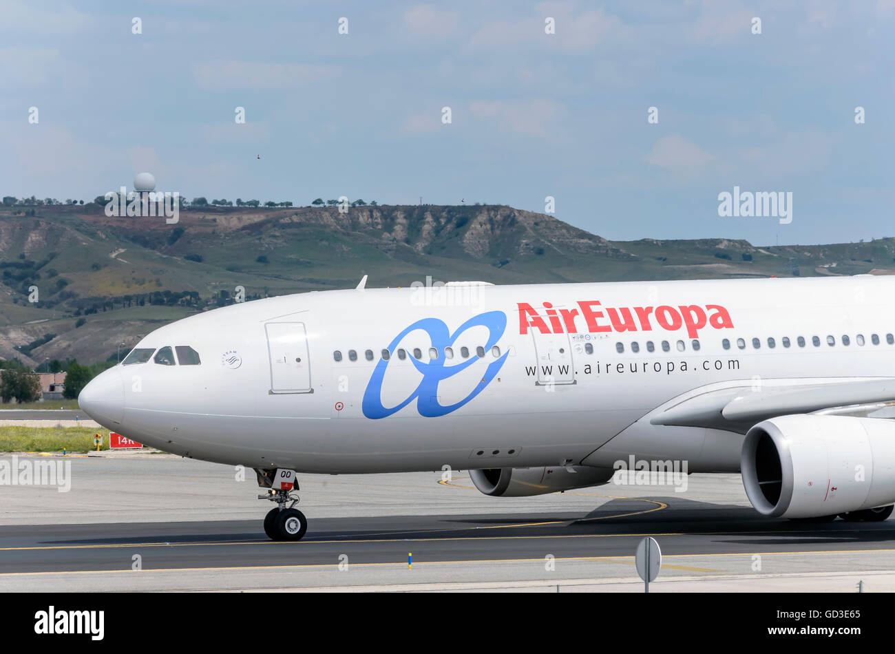 Plane -Airbus A330- of -Air Europa- airline, direction to runway of Madrid-Barajas -Adolfo Suarez airport, ready to take off Stock Photo