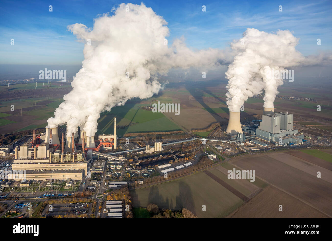 Aerial view, brown coal power plant, smoke, steam, power, aerial view of Grevenbroich, Lower Rhine, North Rhine Westphalia, Stock Photo