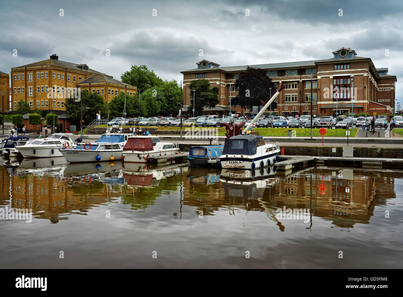 UK,Gloucestershire,Gloucester Docks,Victoria Basin and Southgate House Stock Photo