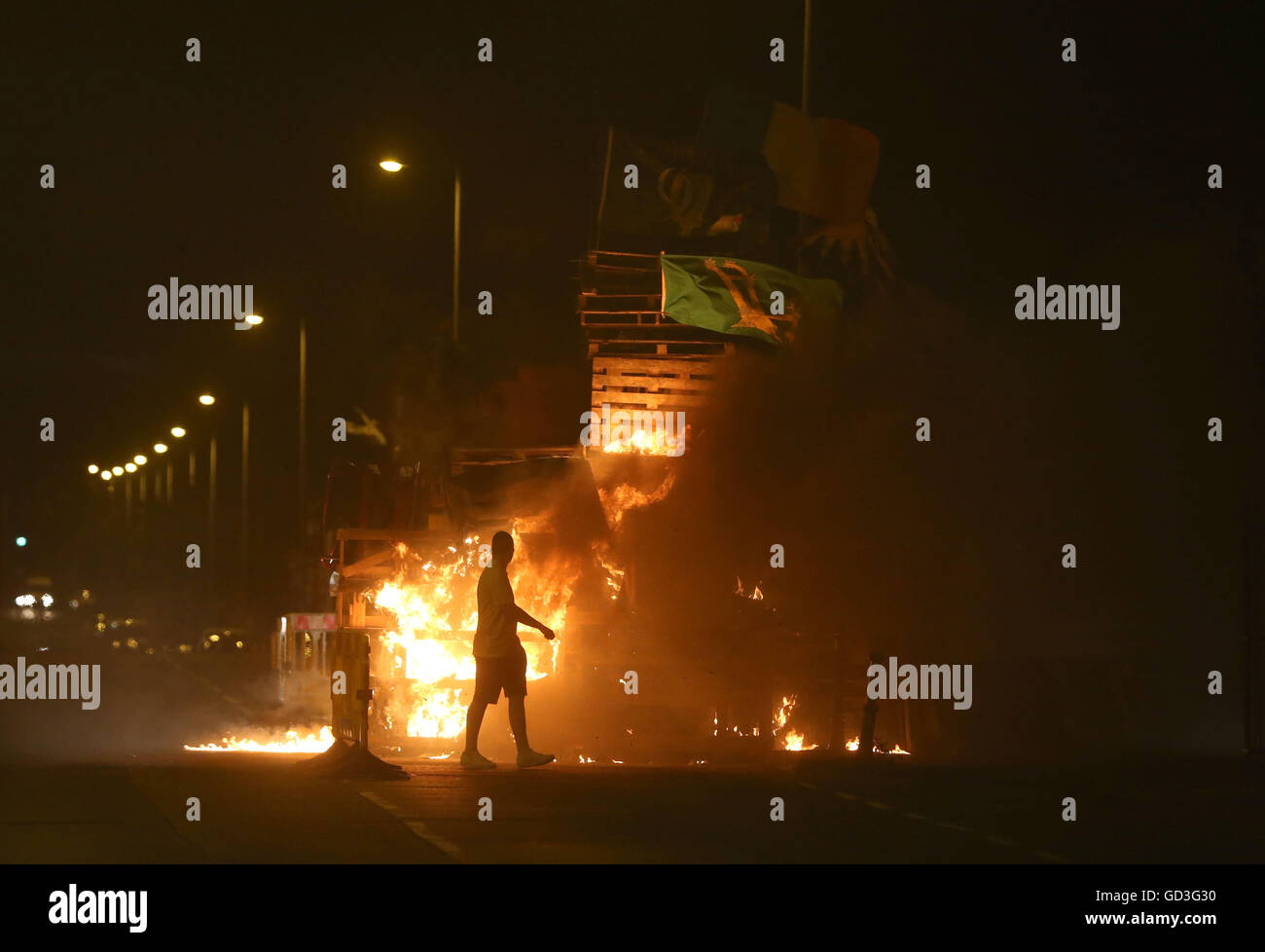 A bonfire is lit on the Shankill Road in Belfast on the "Eleventh night