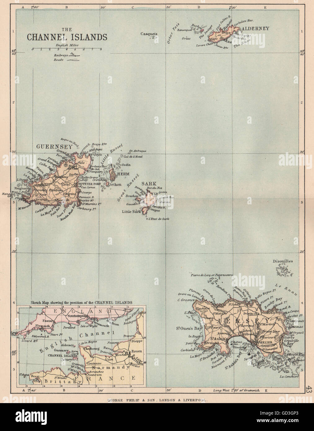 CHANNEL ISLANDS: Antique map. Jersey Guernsey Sark Alderney. PHILIP, 1882 Stock Photo