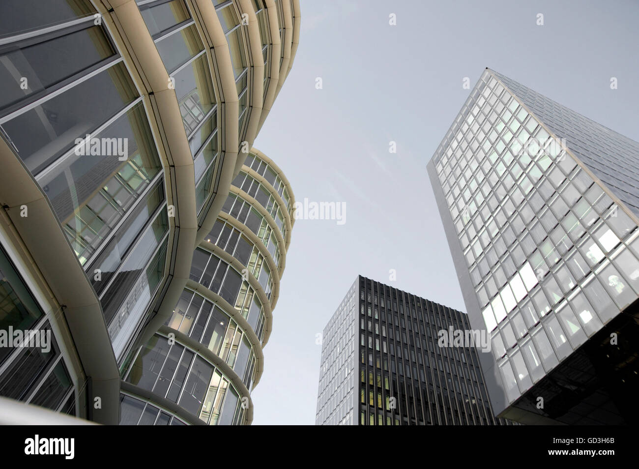 Round and square architecture, architecture styles in the Medienhafen media harbour, Duesseldorf, North Rhine-Westphalia Stock Photo