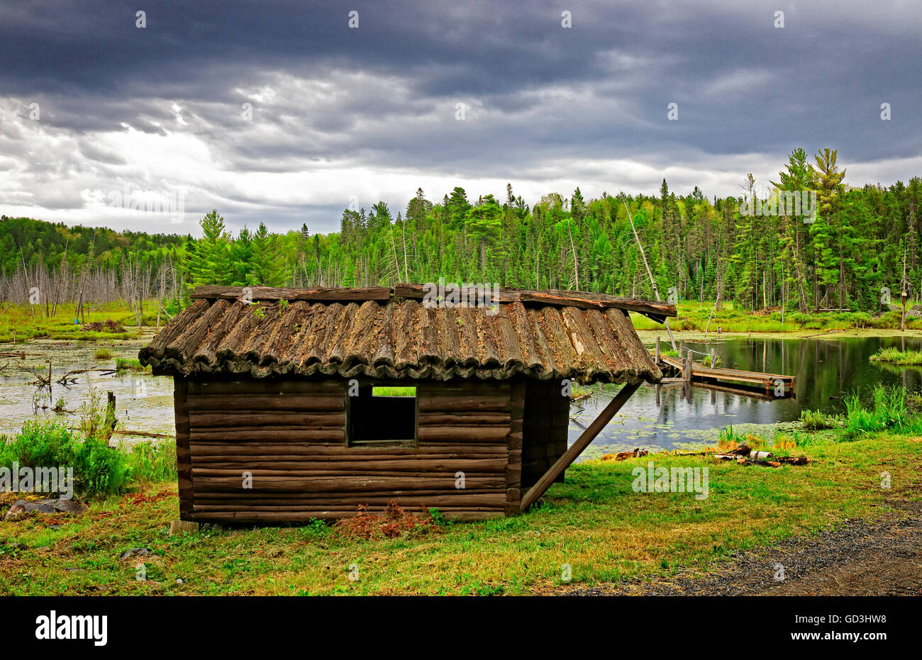 Old And Abandoned Log Cabin In Temagami In Front Of A Beaver Dam