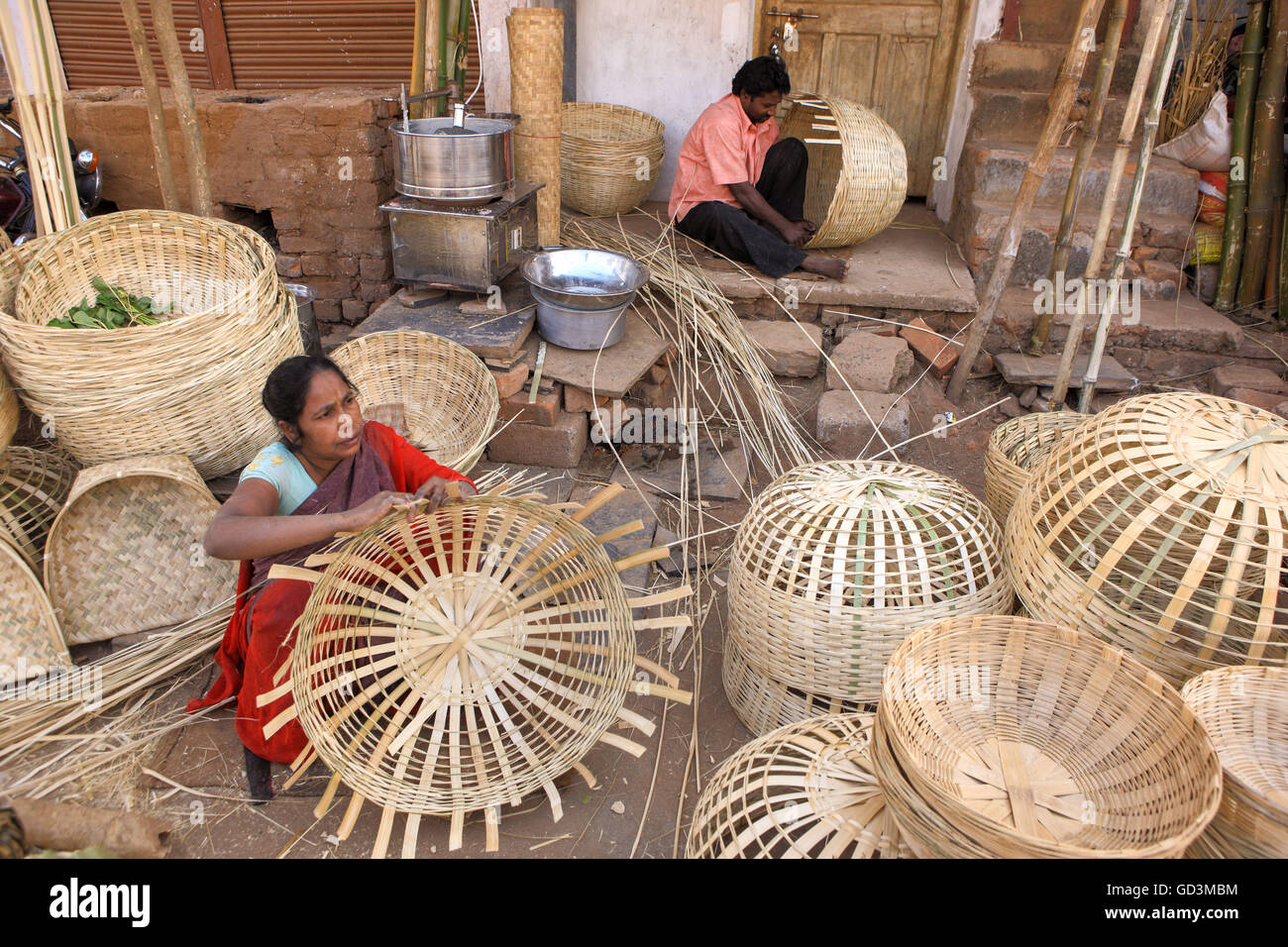 Woman making bamboo cane basket, bastar, chhattisgarh, india, asia