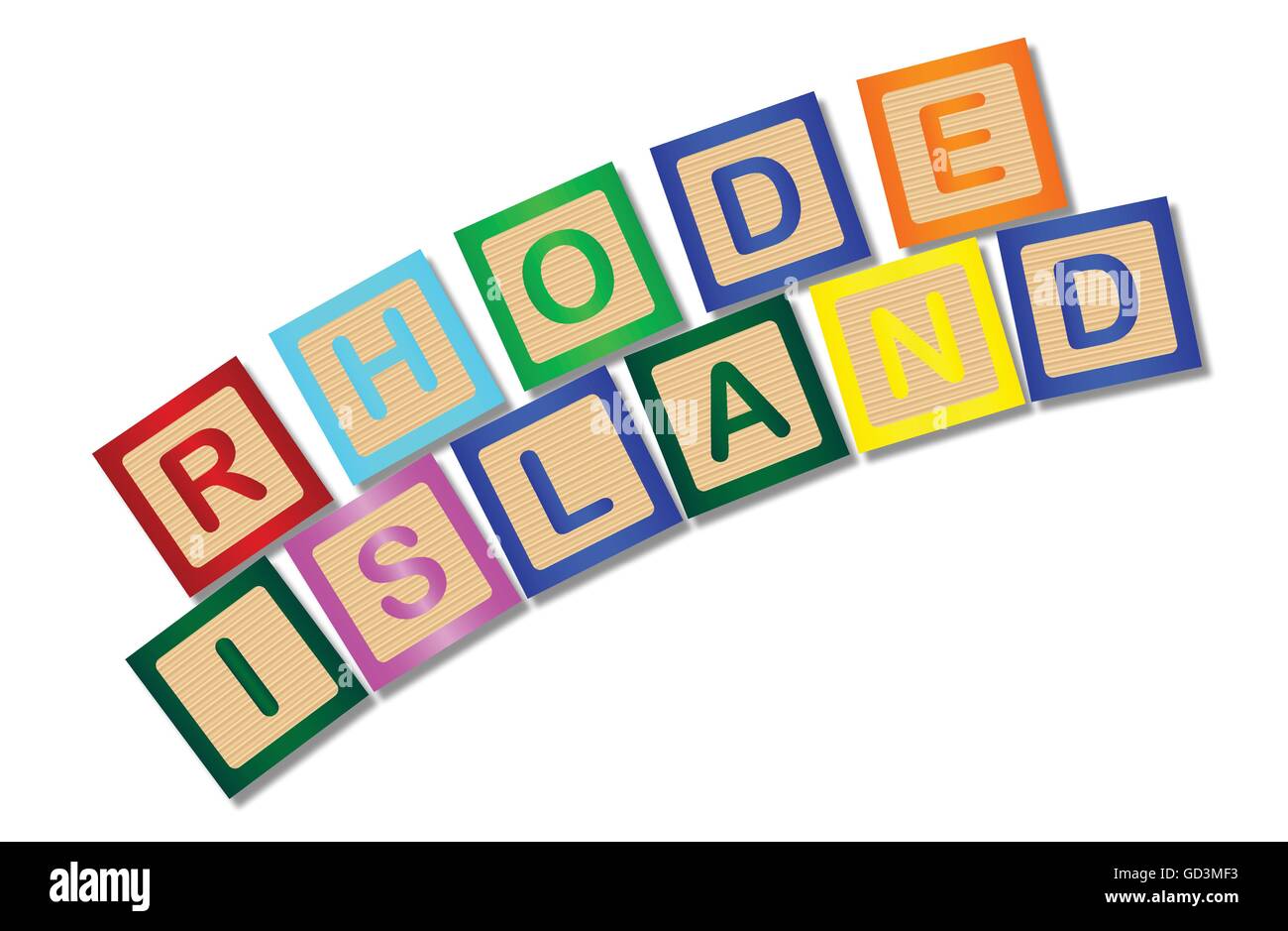 A collection of wooden block letters spelling Rhode Island over a white