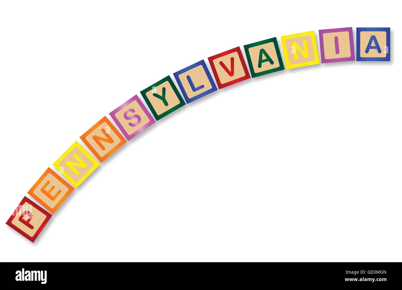A collection of wooden block letters spelling Pennsylvania over a white