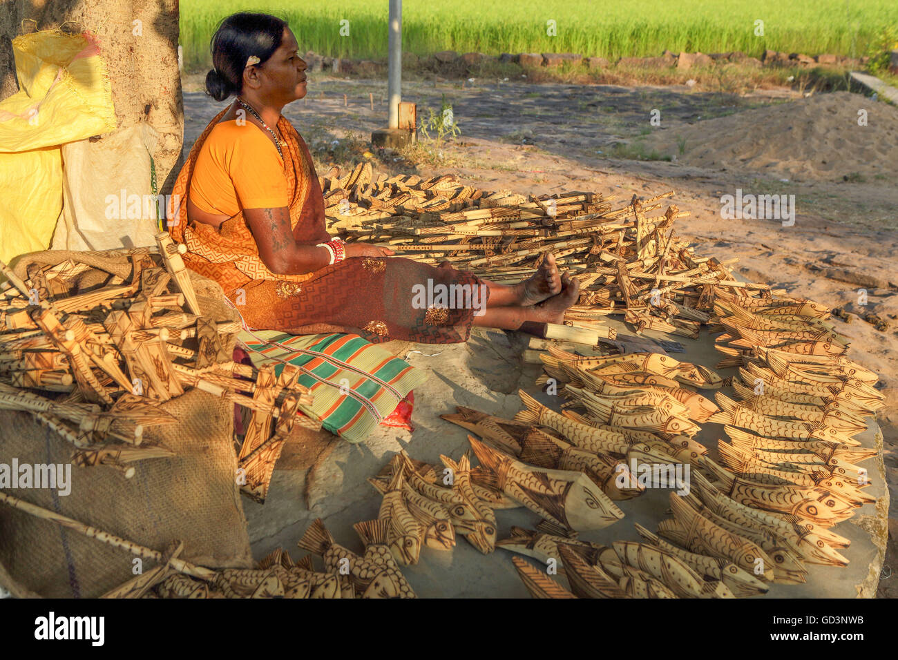 Woman selling woodcraft, bastar, chhattisgarh, india, asia Stock Photo