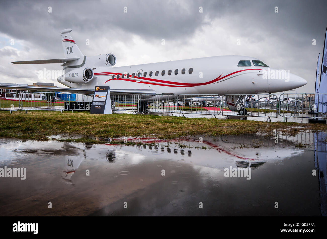 Farnborough International Airshow 2016 was hit by torrential rain, showground was water-logged and some even entered the trade halls. Eventually the whole show day was cancelled with all visitors asked to leave Stock Photo