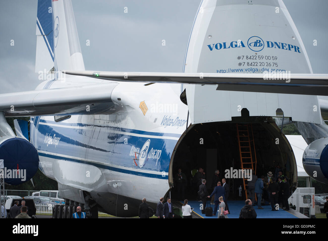 Farnborough, Hampshire UK. 11th July 2016. World’s largest series-production cargo aircraft, the Russian Antonov An-124-100 at Cargo Village zone in the Farnborough International Trade Airshow. Credit:  aviationimages/Alamy Live News. Stock Photo