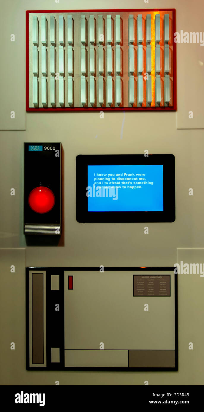 Pittsburgh, Pennsylvania, USA. 11th July, 2016. HAL 9000 is one of seven robots on display in the Robot Hall of Fame at the Carnegie Science Center. HAL 9000 is a central character in the 1969 film ''2001, A Space Odyssey.'' As the brain of the spaceship Discovery, HAL is a robot that uses the mechanical, sensing and information systems under its control, and is eventually driven ''mad'' by the responsibilities and secrets it bears. The Robot Hall of Fame is a replica tribute to the fictional robots from film and tv that helped spark the imaginations of those who would go on to create rea Stock Photo