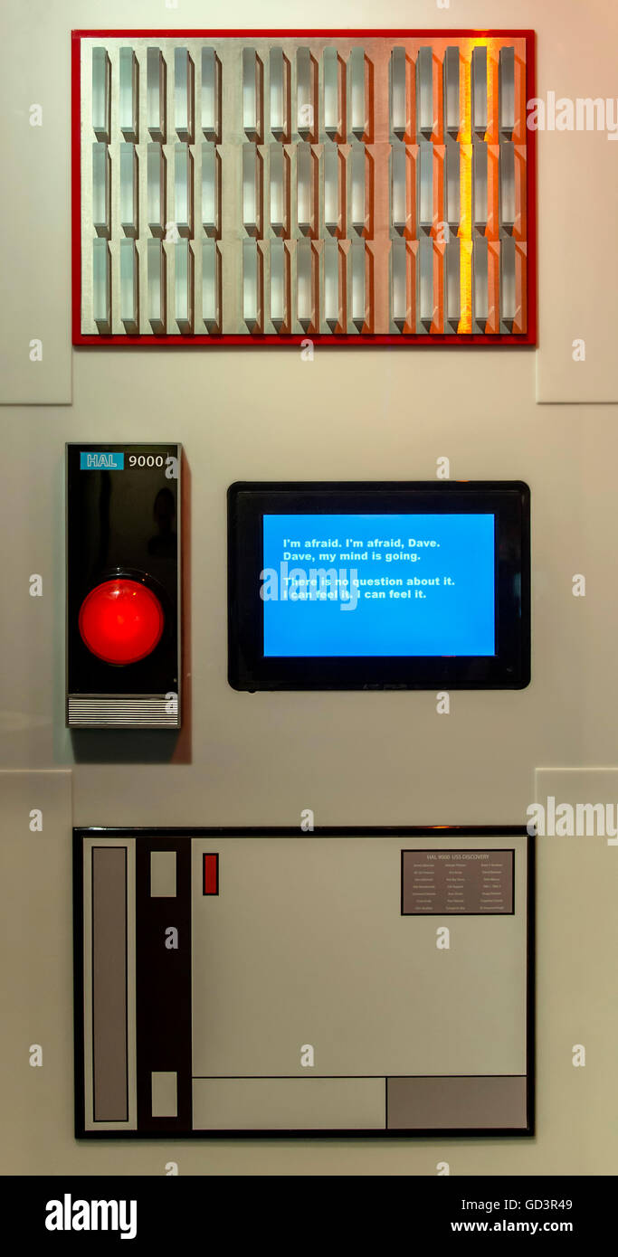 Pittsburgh, Pennsylvania, USA. 11th July, 2016. HAL 9000 is one of seven robots on display in the Robot Hall of Fame at the Carnegie Science Center. HAL 9000 is a central character in the 1969 film ''2001, A Space Odyssey.'' As the brain of the spaceship Discovery, HAL is a robot that uses the mechanical, sensing and information systems under its control, and is eventually driven ''mad'' by the responsibilities and secrets it bears. The Robot Hall of Fame is a replica tribute to the fictional robots from film and tv that helped spark the imaginations of those who would go on to create rea Stock Photo