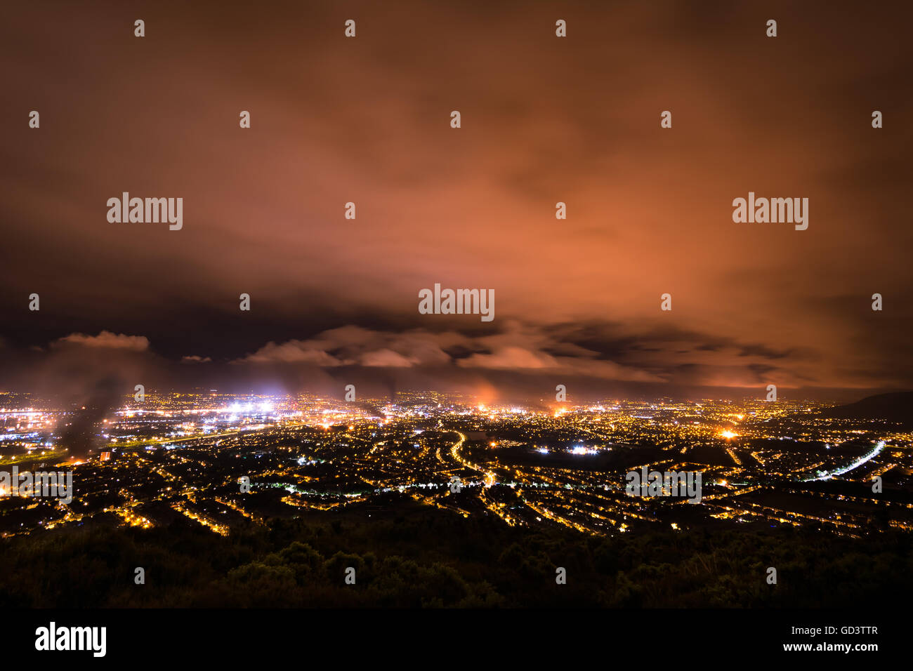 Belfast, Northern Ireland, UK. 11th July, 2016. Wide angle photograph of the Eleventh night bonfires in Loyalist areas across Belfast as part of the July 12th celebrations. Credit:  DMc Photography/Alamy Live News Stock Photo