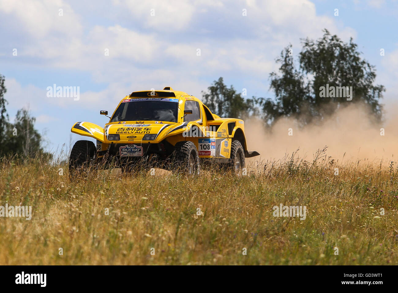 Ufa. 11th July, 2016. Han Wei and Jean-Pierre Garcin of Geely Boyue Hanwei SMG Team of China compete during the third stage of the Moscow-Beijing Silk Road rally 2016 in Ufa, Russia on July 11, 2016. © Maxim Ozerov/Xinhua/Alamy Live News Stock Photo