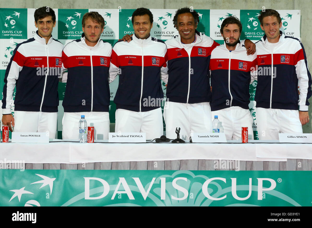Trinec, Czech Republic. 12th July, 2016. Tennis players, from left, Piere-Hugues Herbert, Lucas Pouille, Jo-Wilfried Tsonga, non playing captain Yannick Noah, Gilles Simon and Nicolase Mahut, members of the French Davis Cup team, attend a news conference on Tuesday, July 12, 2016 in Trinec, Czech Republic, prior to the Davis Cup quarterfinal match Czech Republic vs France. © Petr Sznapka/CTK Photo/Alamy Live News Stock Photo