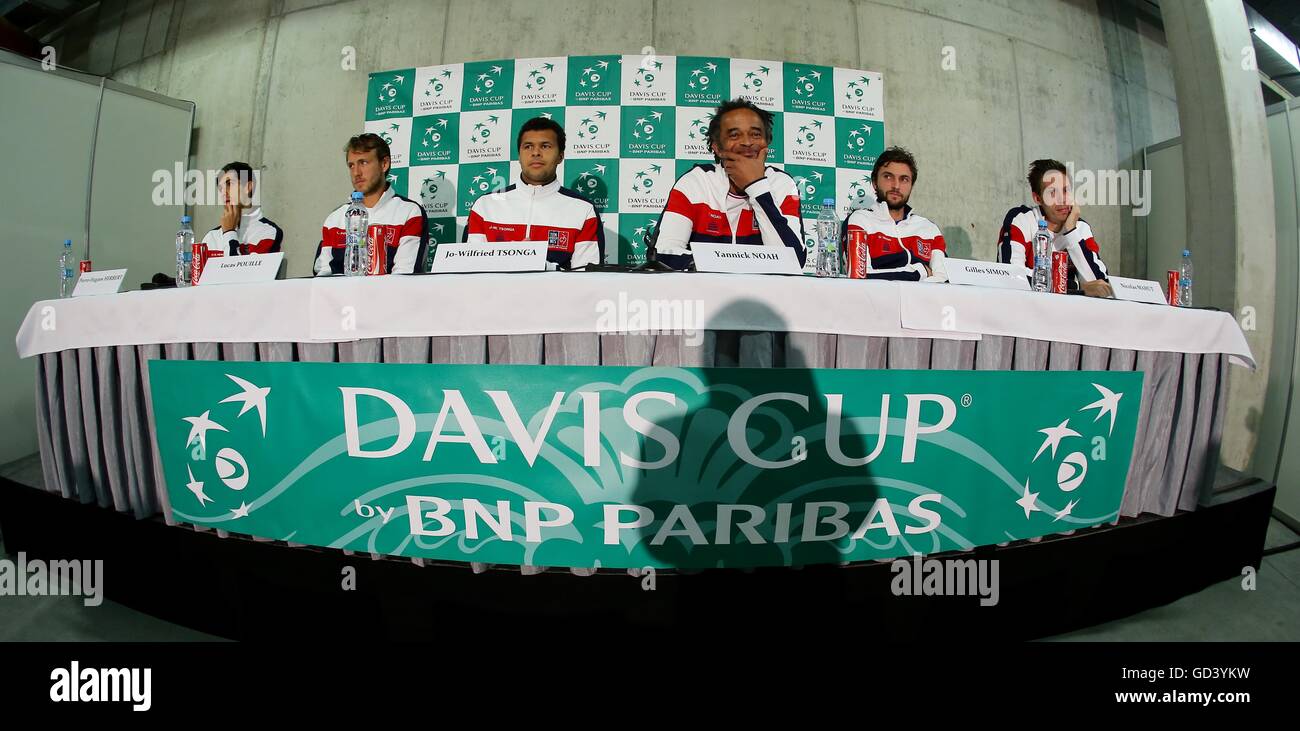 Tennis players, from left, Piere-Hugues Herbert, Lucas Pouille, Jo-Wilfried Tsonga, non playing captain Yannick Noah, Gilles Simon and Nicolas Mahut, members of the French Davis Cup team, attend a news conference on Tuesday, July 12, 2016 in Trinec, Czech Republic, prior to the Davis Cup quarterfinal match Czech Republic vs France. (CTK Photo/Petr Sznapka) Stock Photo