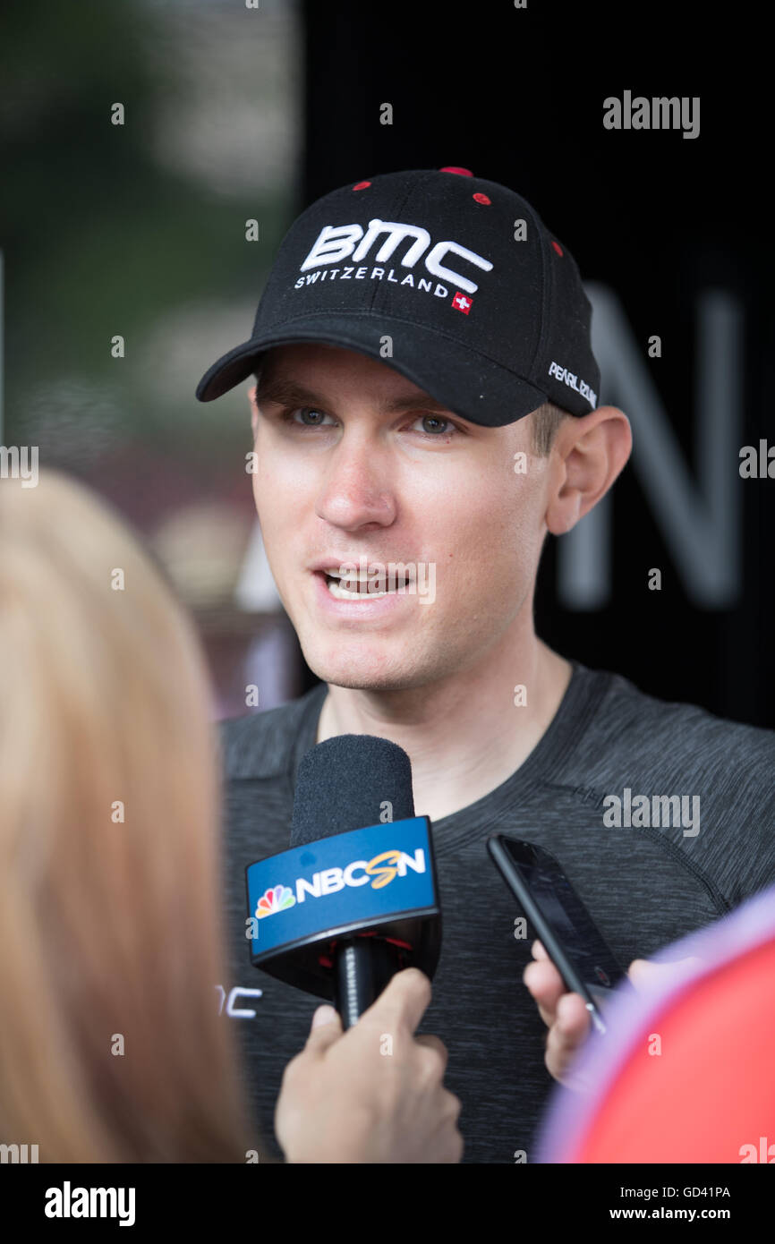 France. 12th July, 2016. Escaldes-Engordany, AD. Tejay van Garderen (BMC Racing Team) answers press questions before the start of the stage. Credit:  John Kavouris/Alamy Live News Stock Photo