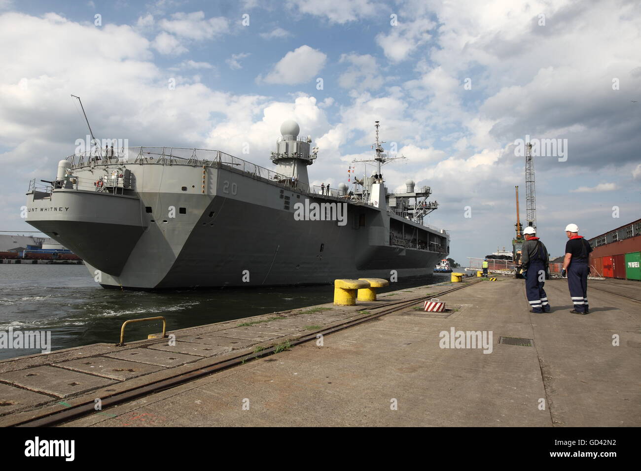 Gdynia, Poland 12th, July 2016 US Navy Ship USS Mount Whitney (LCC-20), a Blue Ridge class command ship,  visits the port of Gdynia for a routine port visit. The vessel with its 300 crew members took part in the international military exercise Ð BALTOPS16 in the Baltic Sea as a command ship.  During the visit to Gdynia the crew will take part in a series of community events and will play in a soccer match with representatives of the Polish Navy. Stock Photo