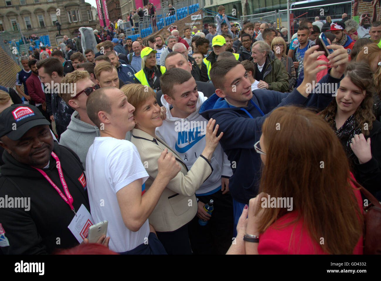 Glasgow, Scotland, UK 12th July 2016. 2016 Homeless World Cup takes place in the heart of Glasgow, from July 10-16,a seven day event, Glasgow’s George Square will be “the most inspiring place on the planet.” Attended today by Nicola Sturgeon Scotland’s first minister who was mobbed for selfies. Credit:  Gerard Ferry/Alamy Live News Stock Photo