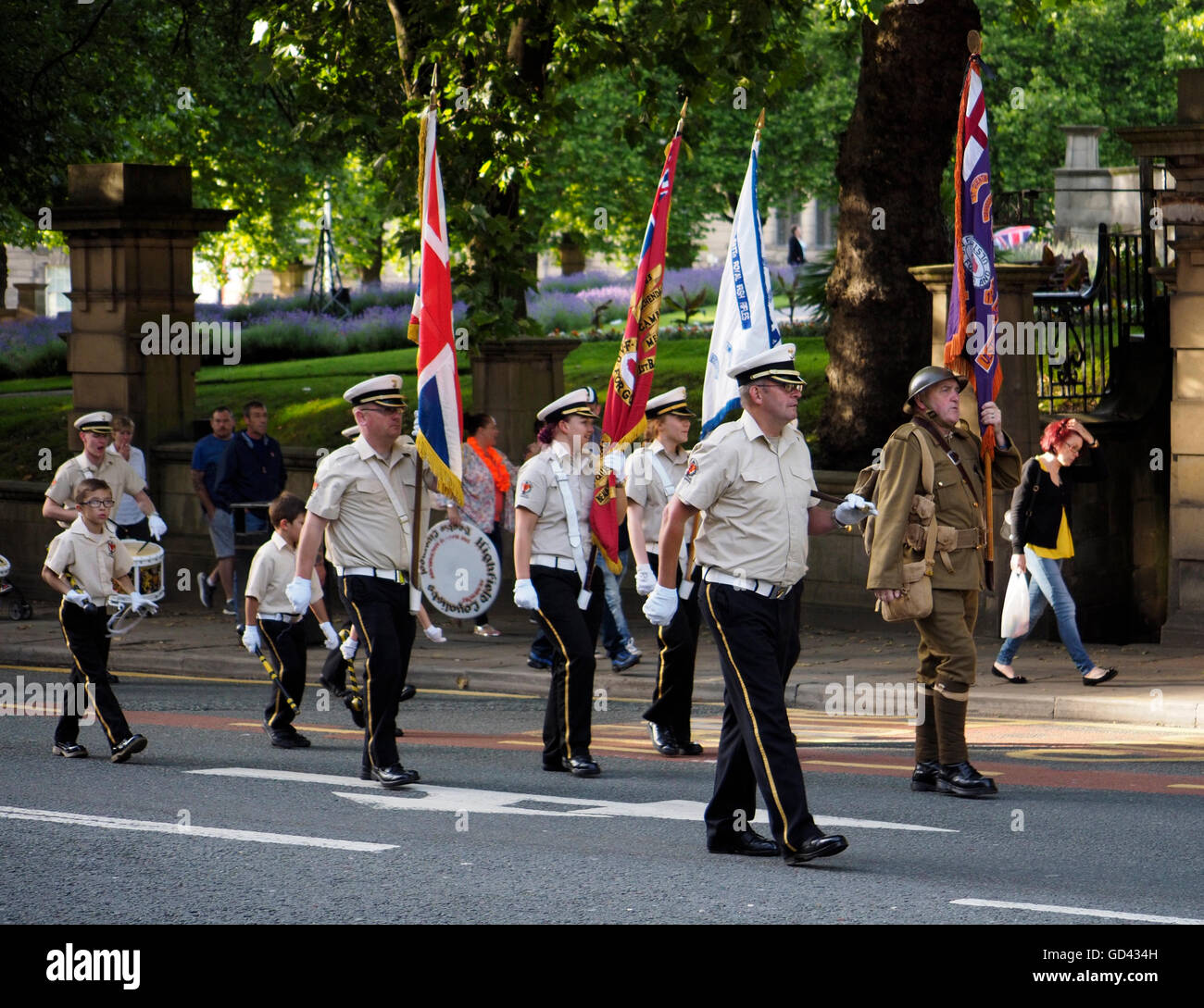 Liverpool, UK. 12th July, 2016. The Orange Lodge Parade marching through Liverpool this evening.12 July 2016. The parade’s history goes back over three centuries to the Battle of the Boyne in 1690 when King William III of Orange defeated his rival King James II.This year’s walk is also in memory of the 100th anniversary of the Battle of the Somme. Credit:  ALAN EDWARDS/Alamy Live News Stock Photo