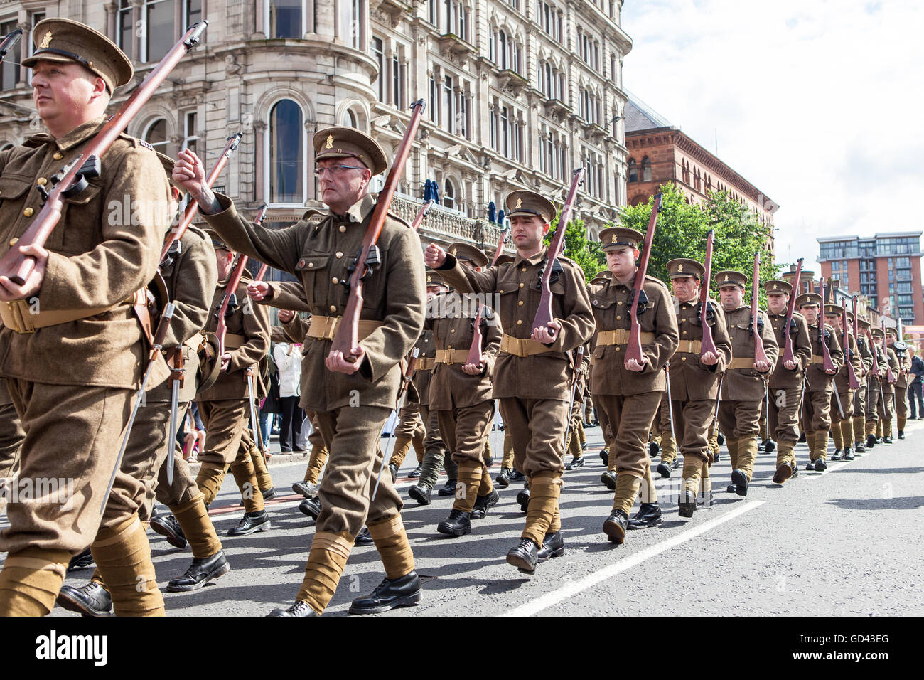 Belfast, UK. 12th July 2016. Orangemen dressed in World War one army ...