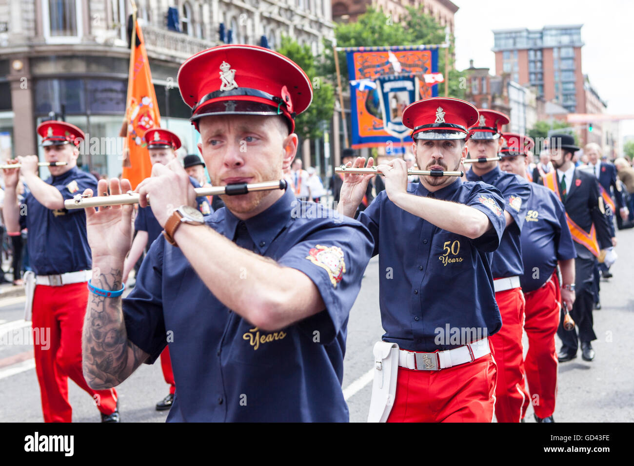 Belfast, UK. 12th July 2016. Orangemen celebrate the Twelfth. It originated during the late 18th century in Ulster. It celebrates the Glorious Revolution (1688) and victory of Protestant king William of Orange over Catholic king James II at the Battle of the Boyne (1690) Credit:  Bonzo/Alamy Live News Stock Photo