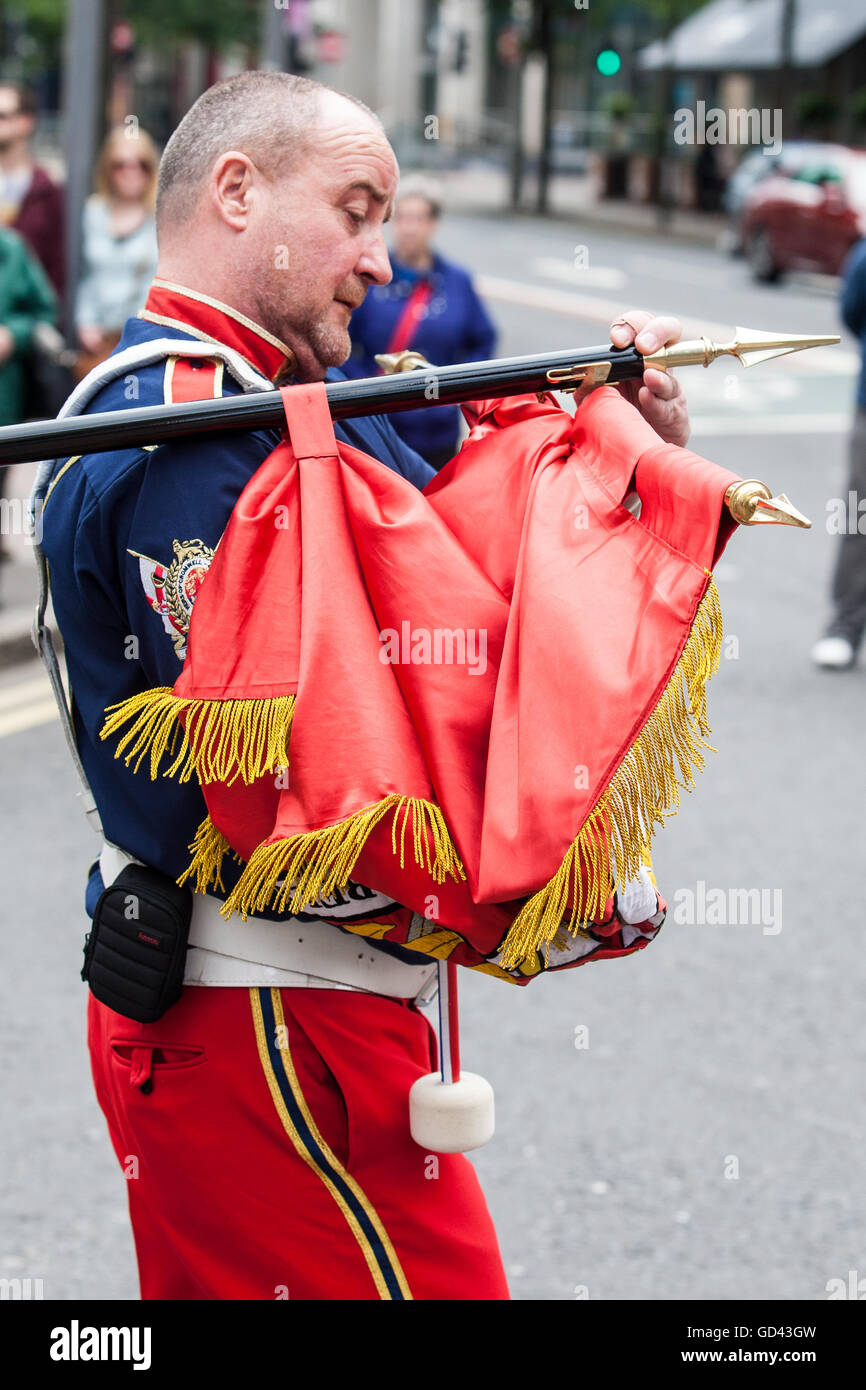 Belfast, UK. 12th July 2016. Orangemen celebrate the Twelfth. It originated during the late 18th century in Ulster. It celebrates the Glorious Revolution (1688) and victory of Protestant king William of Orange over Catholic king James II at the Battle of the Boyne (1690), Credit:  Bonzo/Alamy Live News Stock Photo