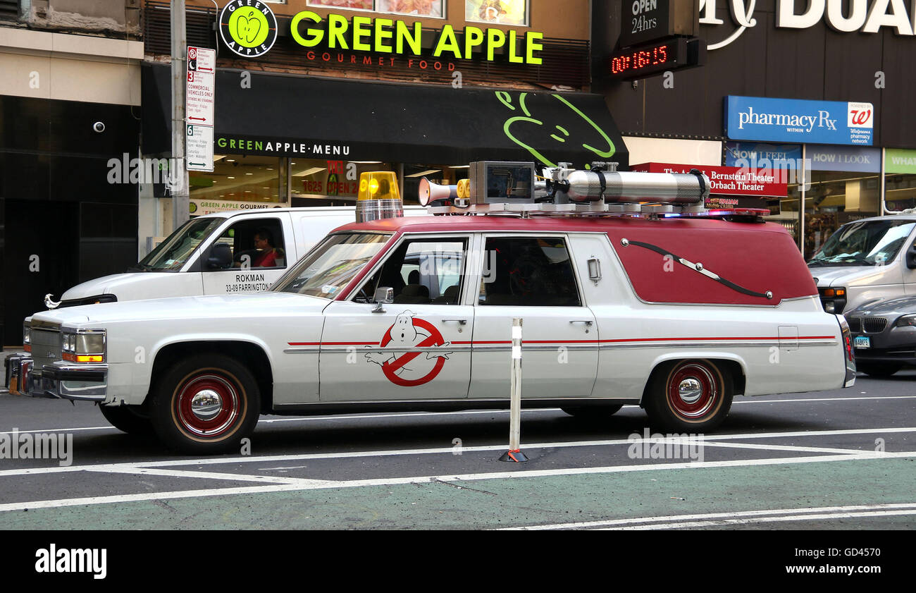 New York, USA. 12th July, 2016. A view of the 2016 Ghostbusters new Ecto-1 80's Cadillac Fleetwood Station Wagon, seen in Times Square. Credit:  Nancy Kaszerman/ZUMA Wire/Alamy Live News Stock Photo